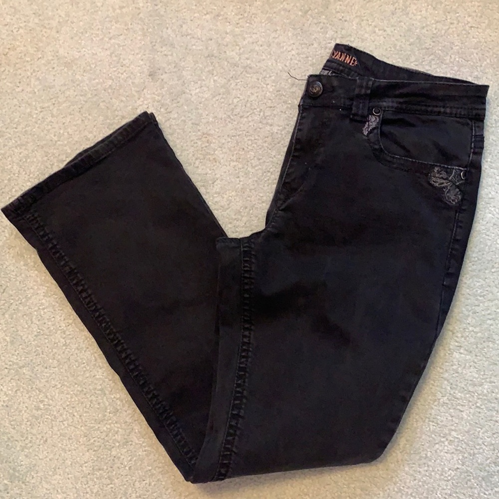 Shyanne petite black Anne denim bootcut jeans with embellished pockets